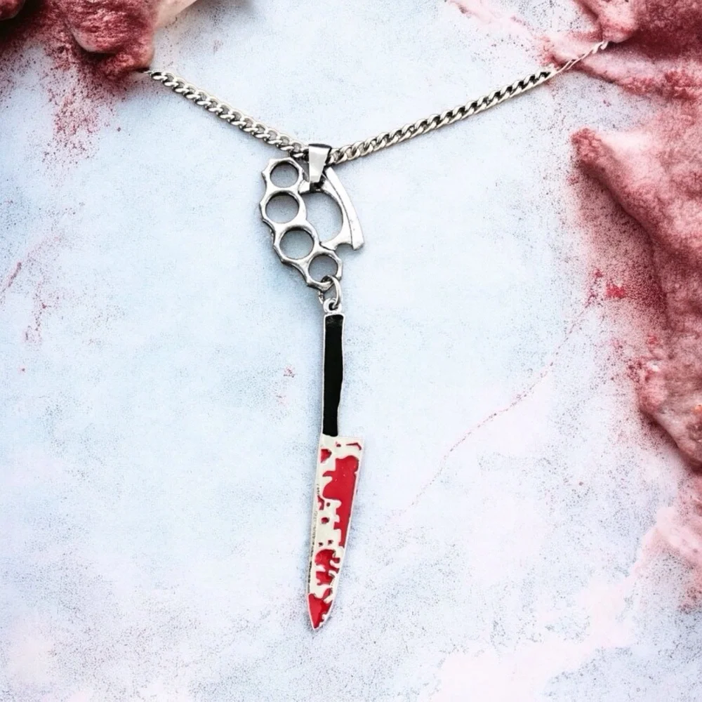 🆕3D Brass Knuckles & Bloody Knife Pendant N… Stainless Steel